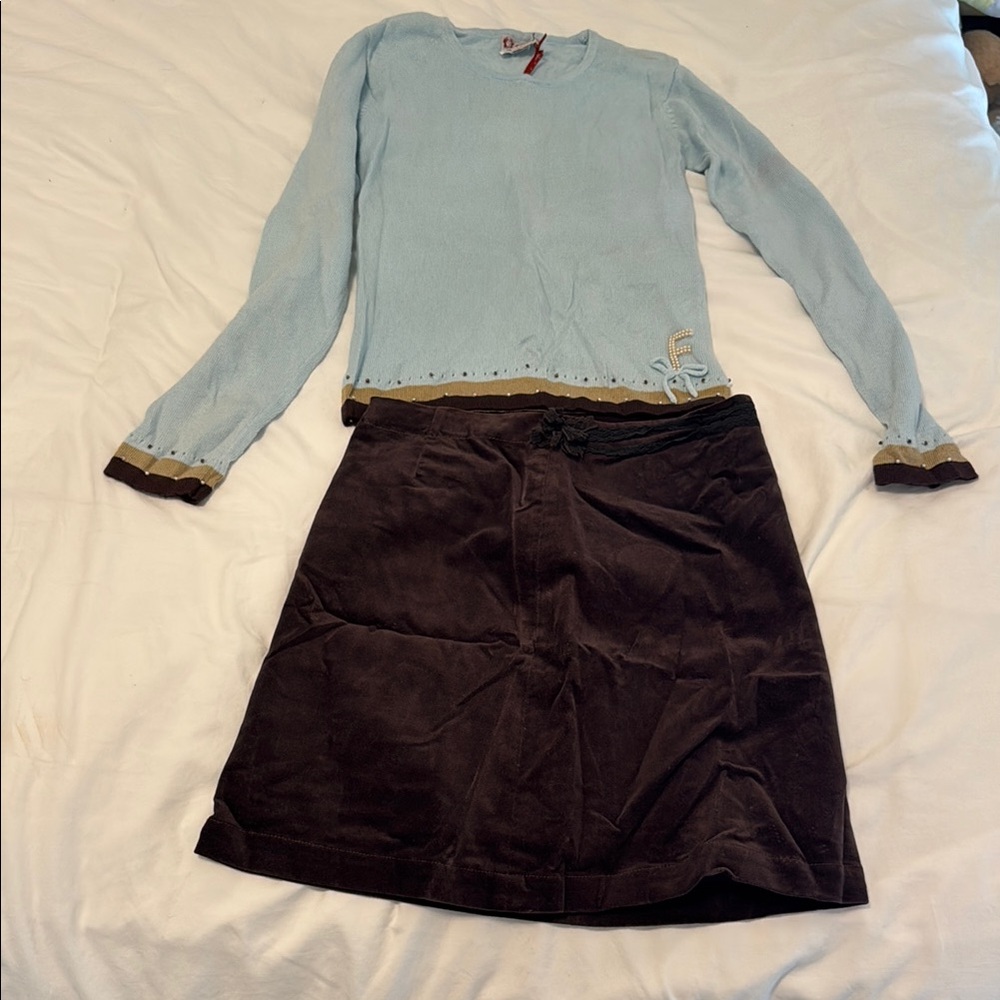 Beautiful Blue Sweater has a damage at the right sleeves and skirt is perfect.